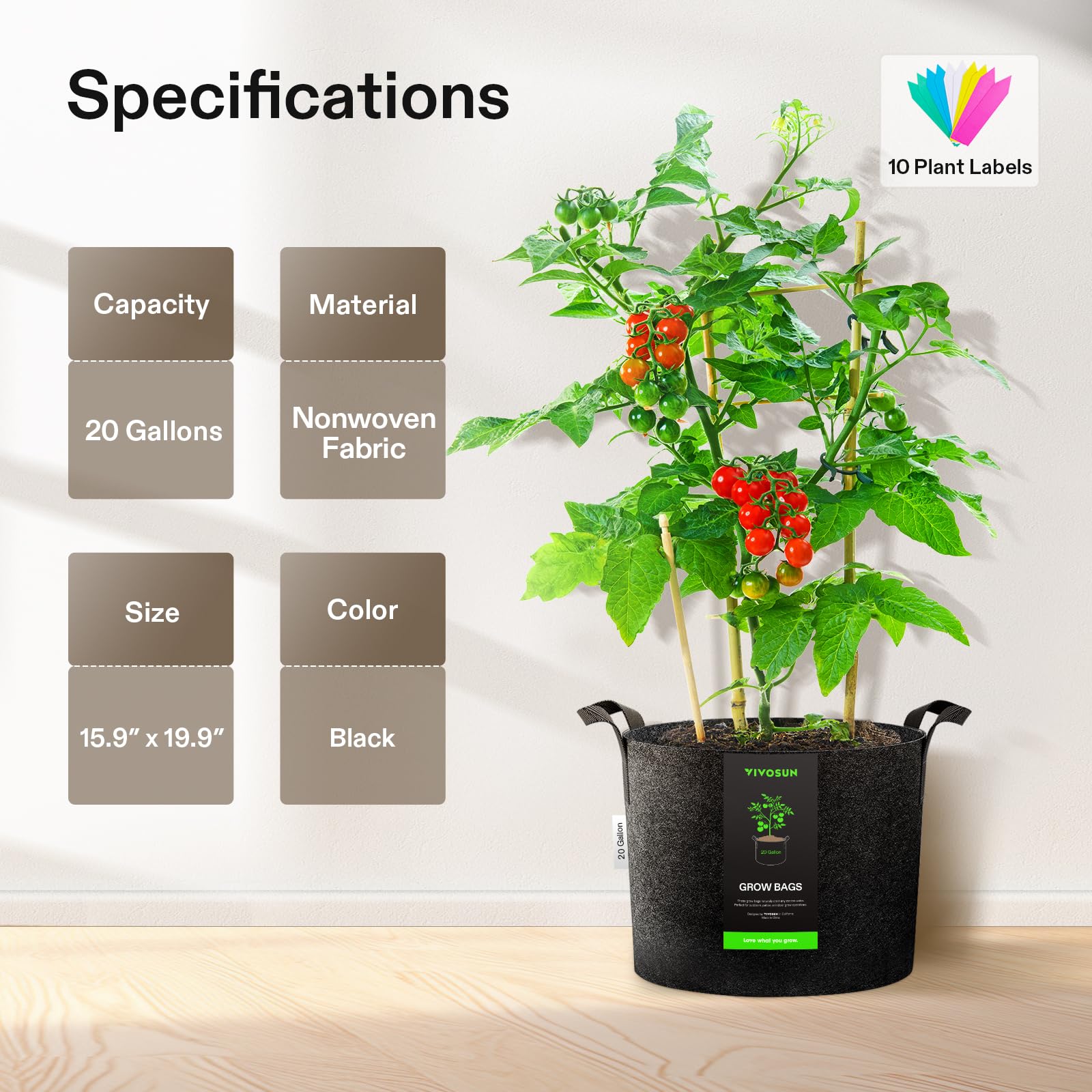 VIVOSUN grow bag next to a watering can illustrating 20-gallon size and scale