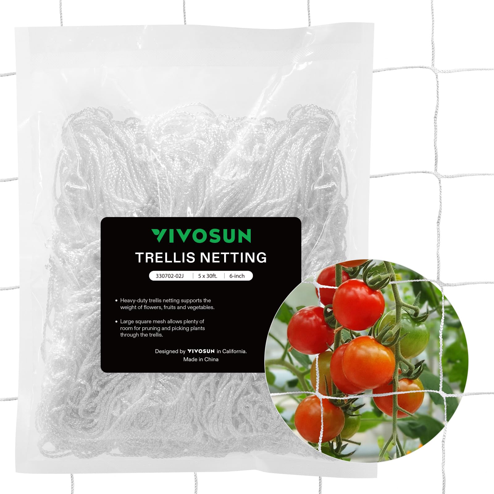 VIVOSUN trellis netting front view showing full 5x30 support grid and benefits