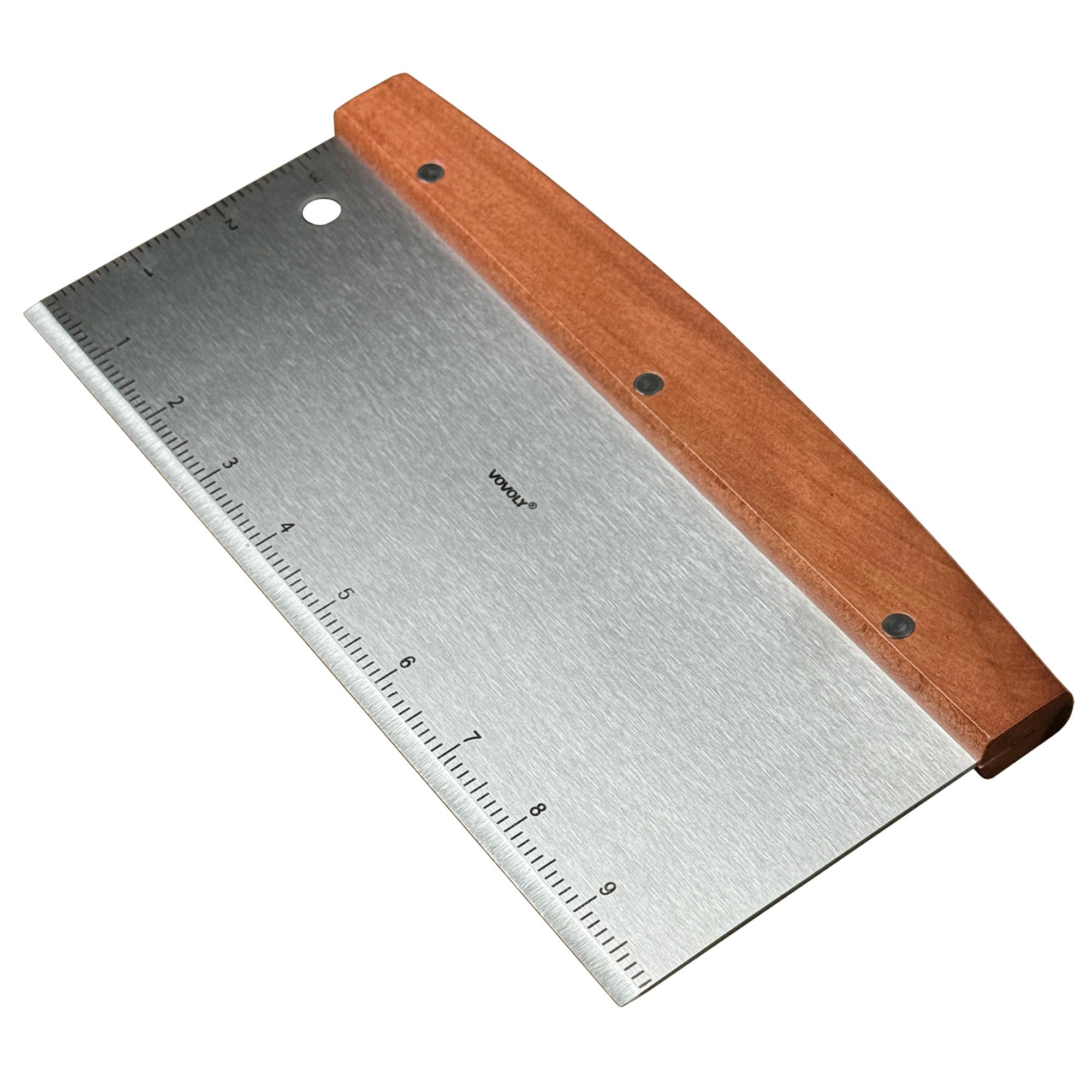 Vovoly bench scraper front view showing wide blade and durable build for efficient baking