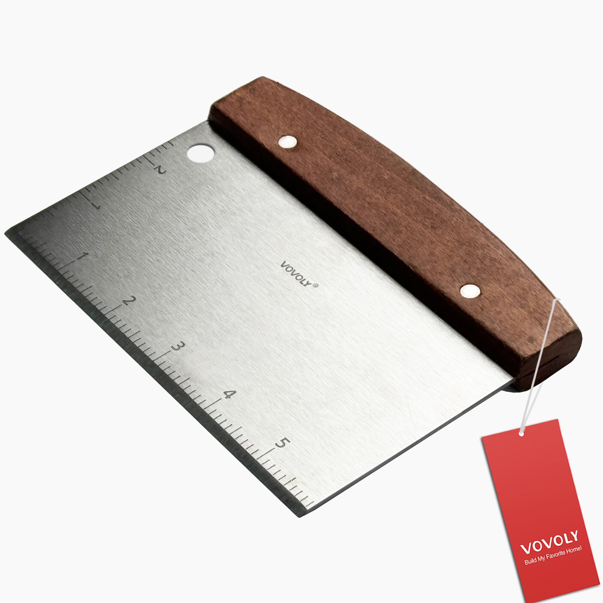 Vovoly front view showing full stainless-steel blade and wooden handle for versatile prep