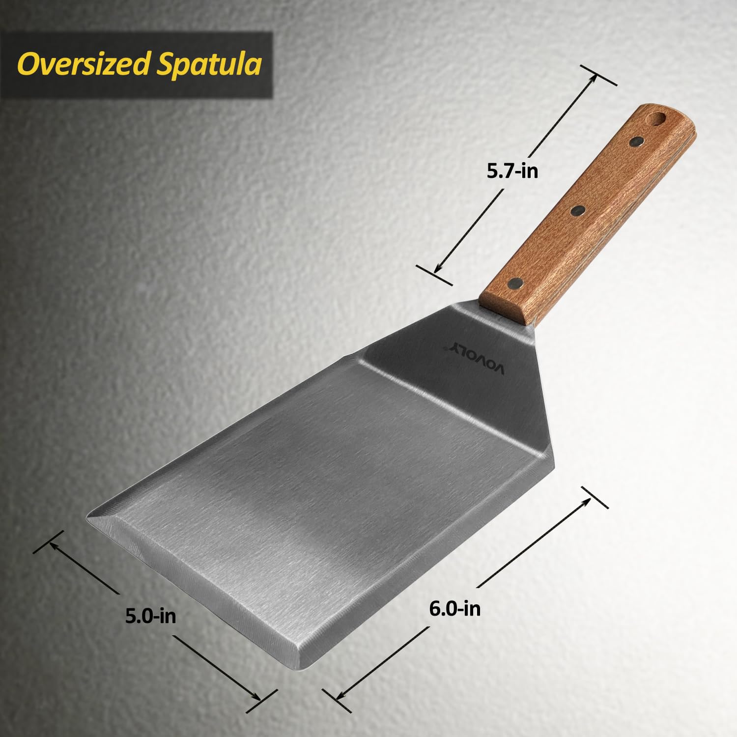 Vovoly spatula angled blade detail highlighting thick stainless steel for durability and precision flipping