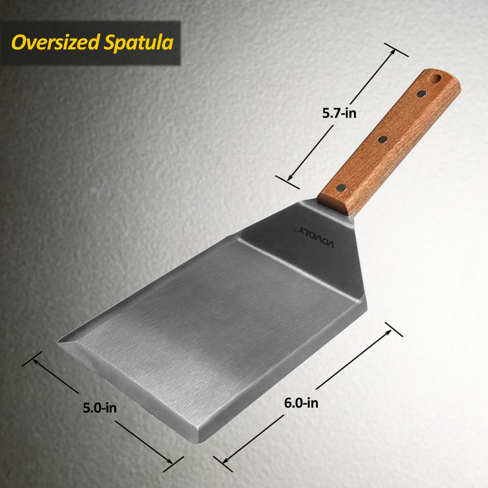 Vovoly spatula angled blade detail highlighting thick stainless steel for durability and precision flipping
