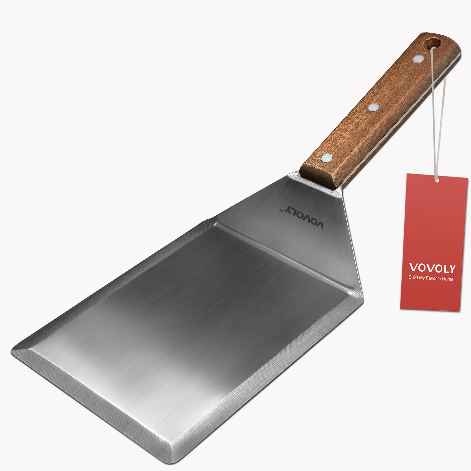 Vovoly spatula front view showing wide 6x5-inch stainless blade and wooden handle for sturdy lifting