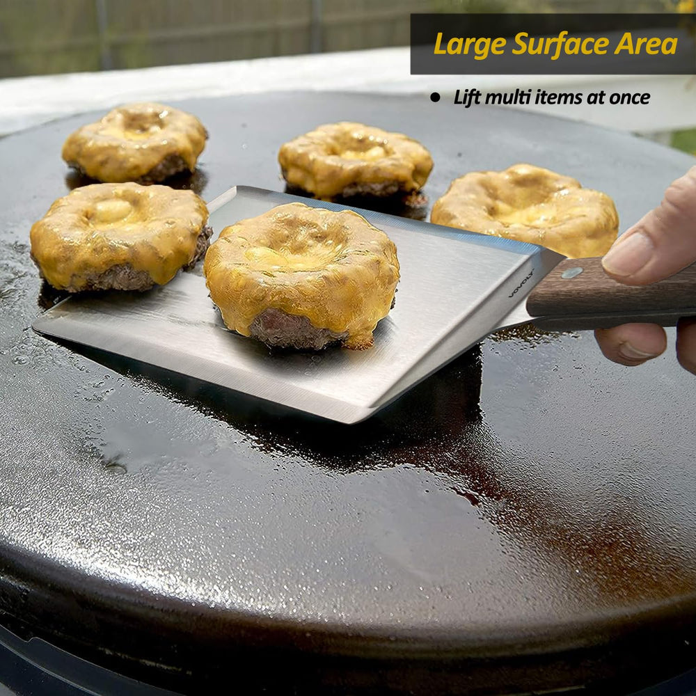Vovoly spatula lifestyle outdoor grill image showing turner used for BBQ and outdoor cooking