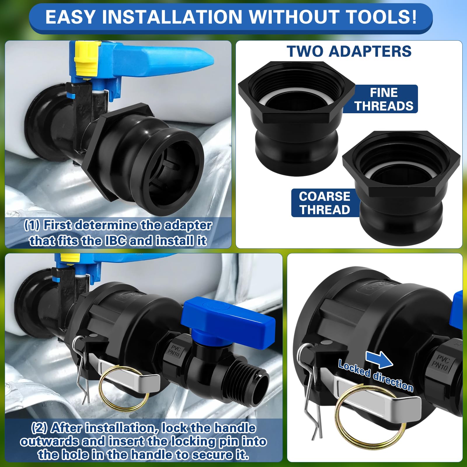 Vtenyeo adapter installed on IBC tote outlet, demonstrating compatibility and stable fit