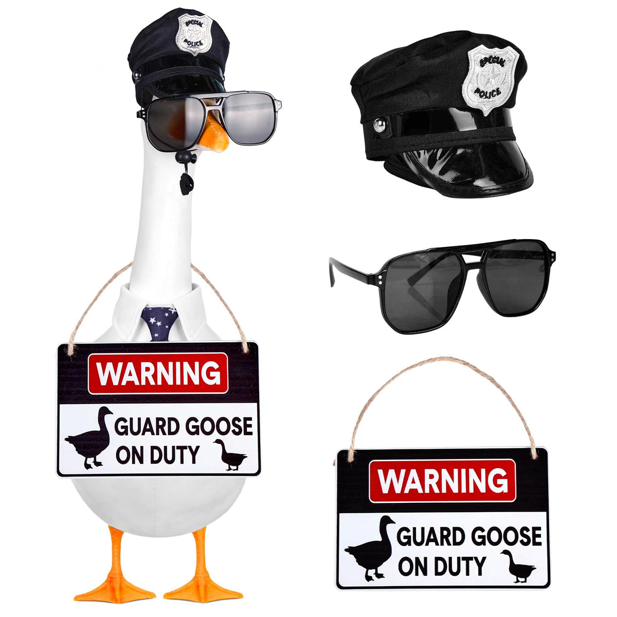 Vzuito front view of goose with sign and hat showing friendly security charm
