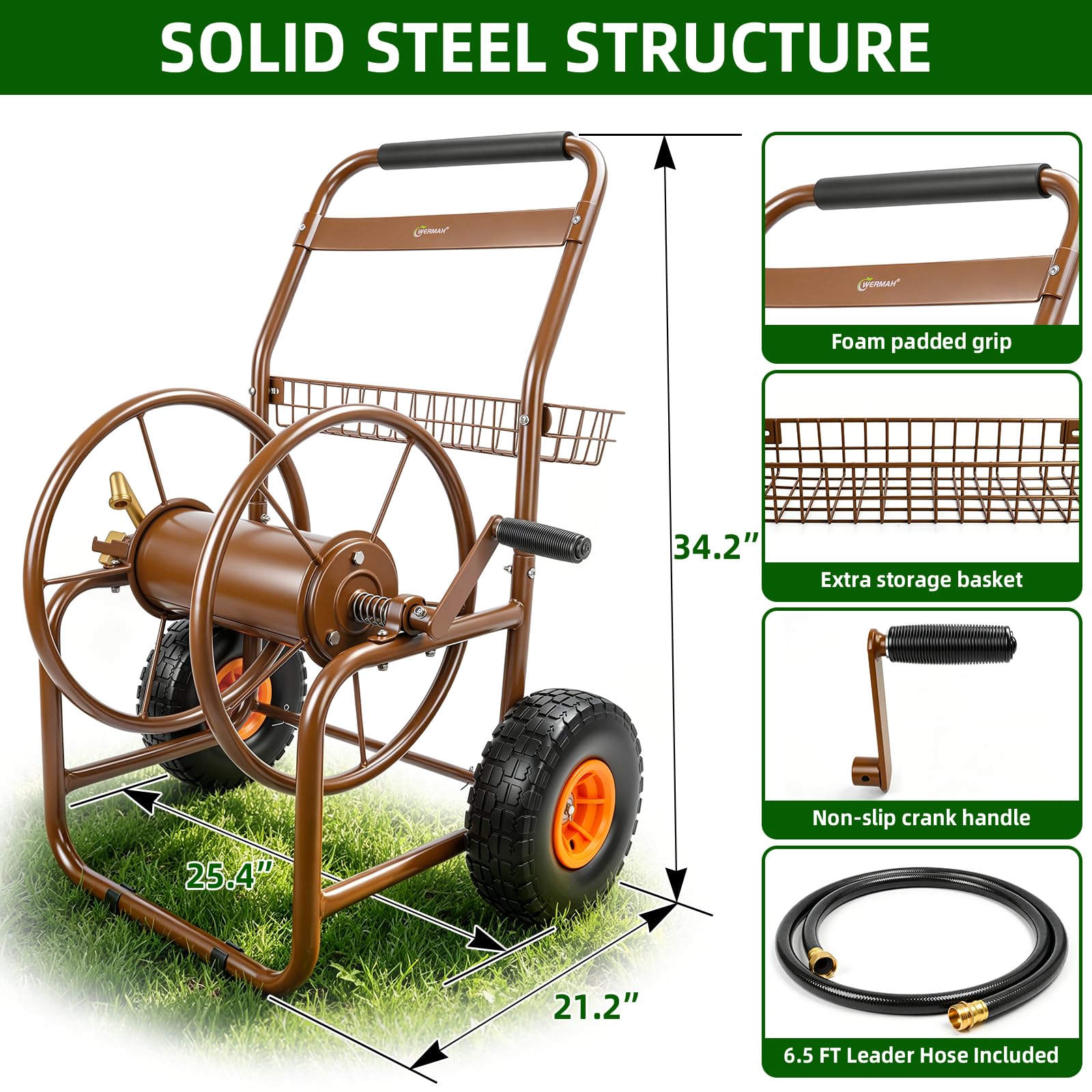 WERMAH cart next to hose for scale to show 230ft capacity benefit