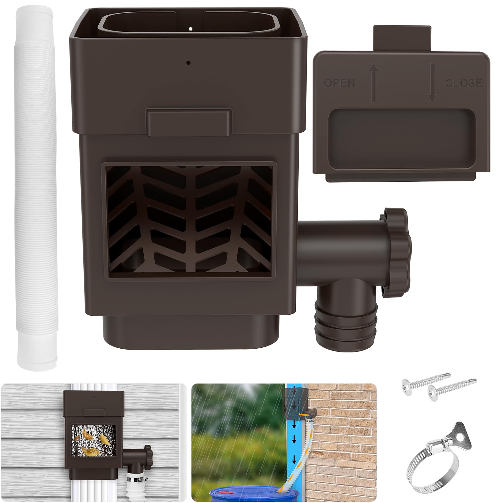 WADEO front view installed on downspout showing easy water collection benefit