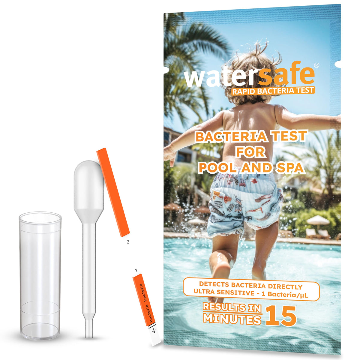 Watersafe front packaging showing single-test kit for quick pool checks and confidence