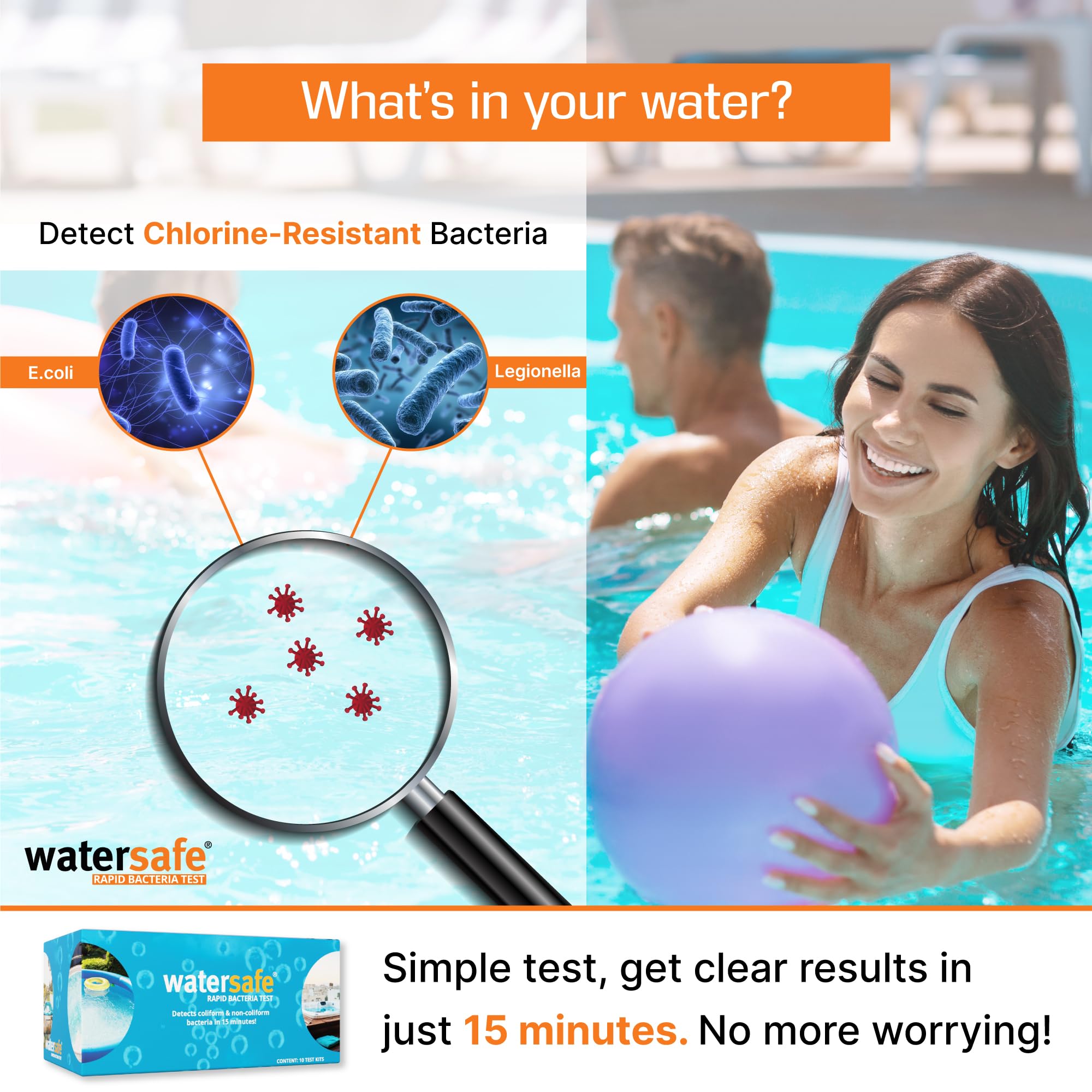 Watersafe strip being dipped into pool sample to demonstrate easy three-step use