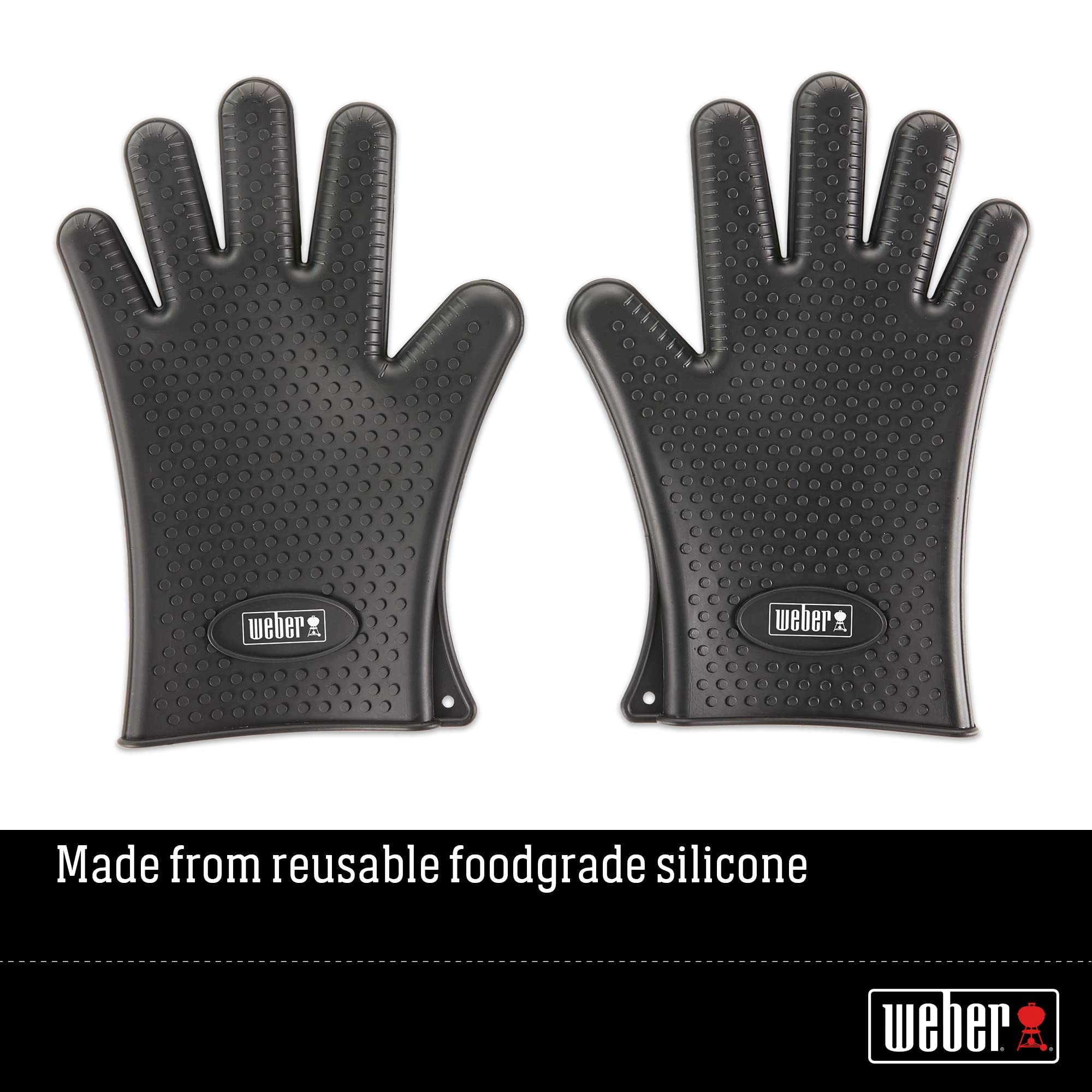 Weber gloves on hands lifting hot grill grate demonstrating heat protection benefit