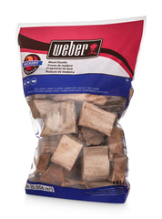 Weber hickory wood chunks front bag showing brand and weight for easy identification