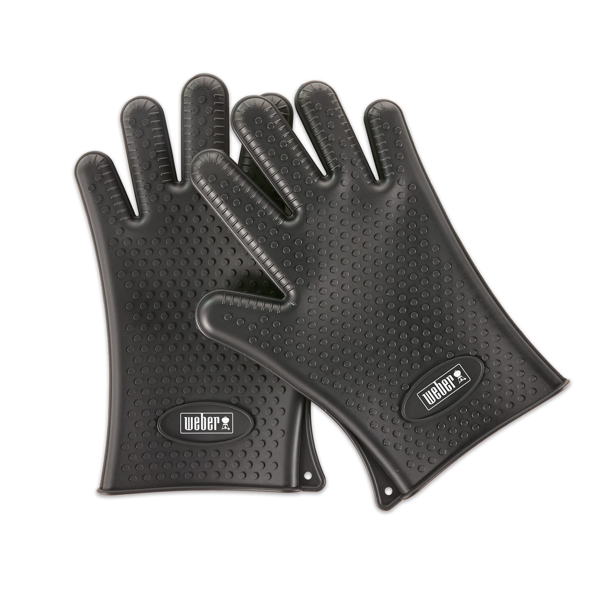 Weber silicone grilling gloves front view showing black protective design benefit safety