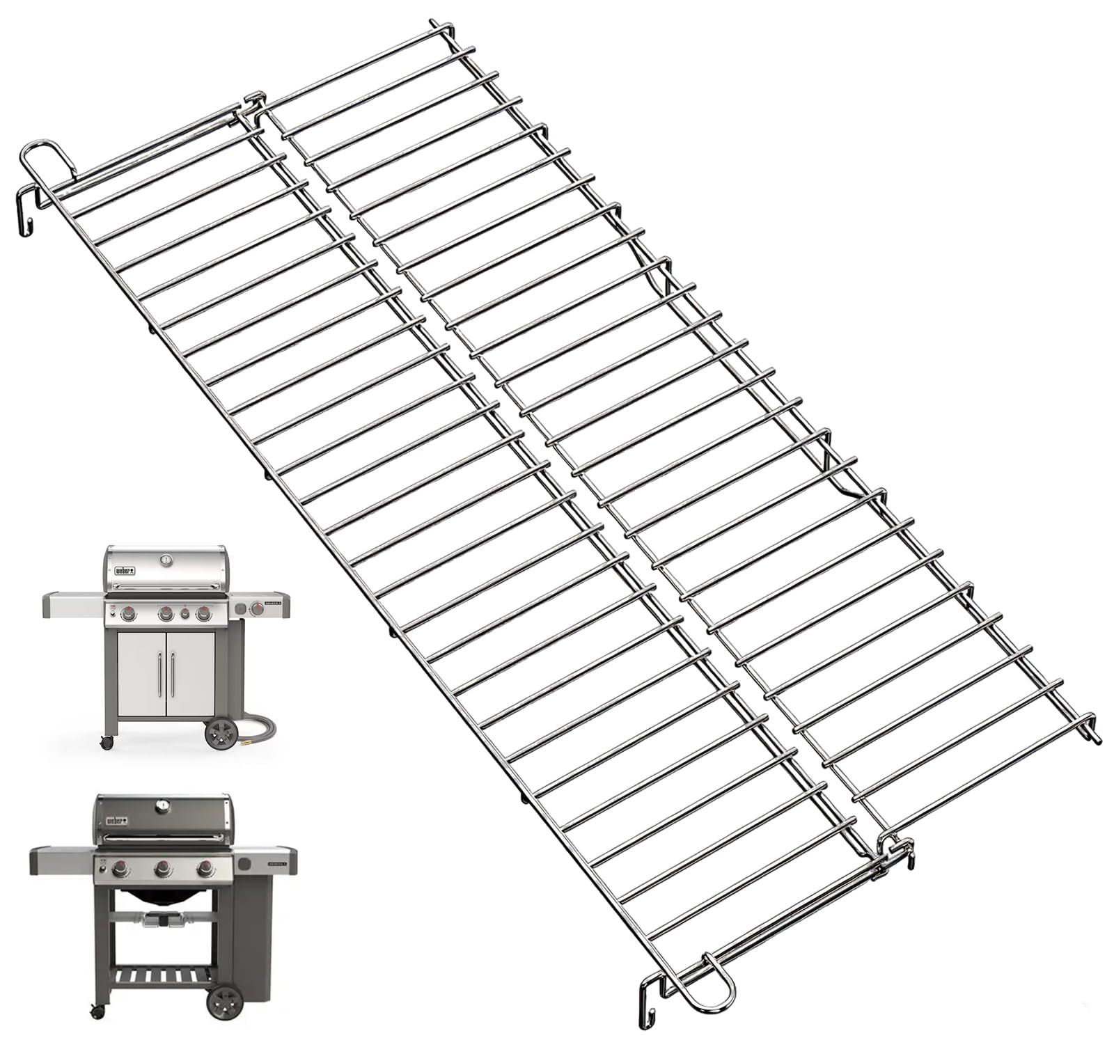 WEBROIL warming rack front view showing exact fit and durable stainless construction