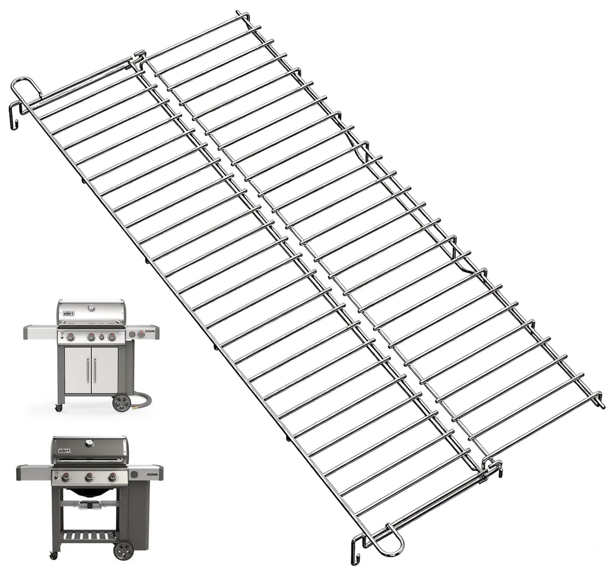 WEBROIL warming rack front view showing exact fit and durable stainless construction