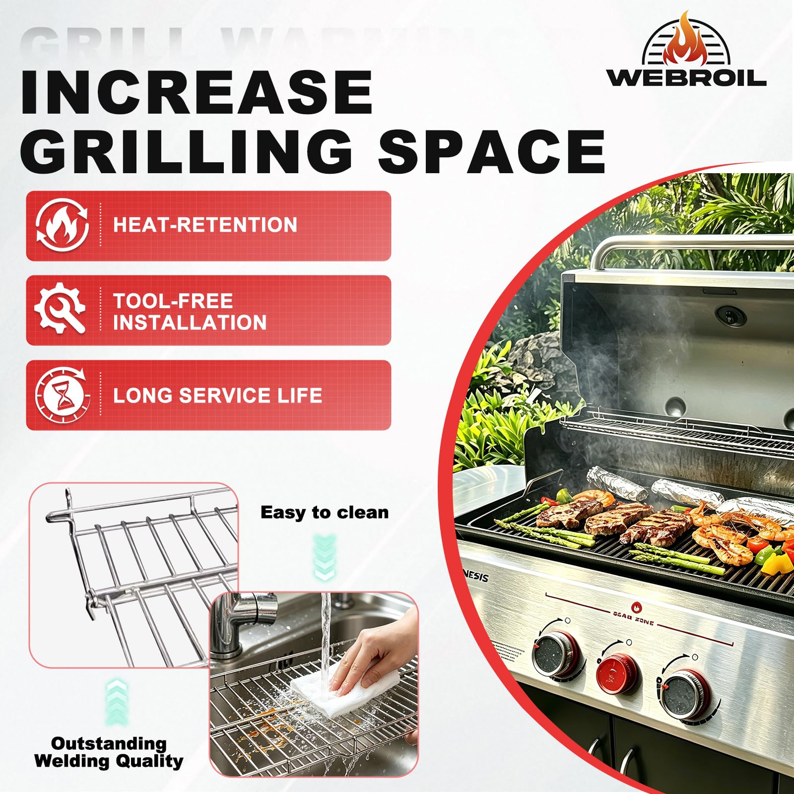 WEBROIL warming rack installed on a Genesis II grill restoring upper holding space