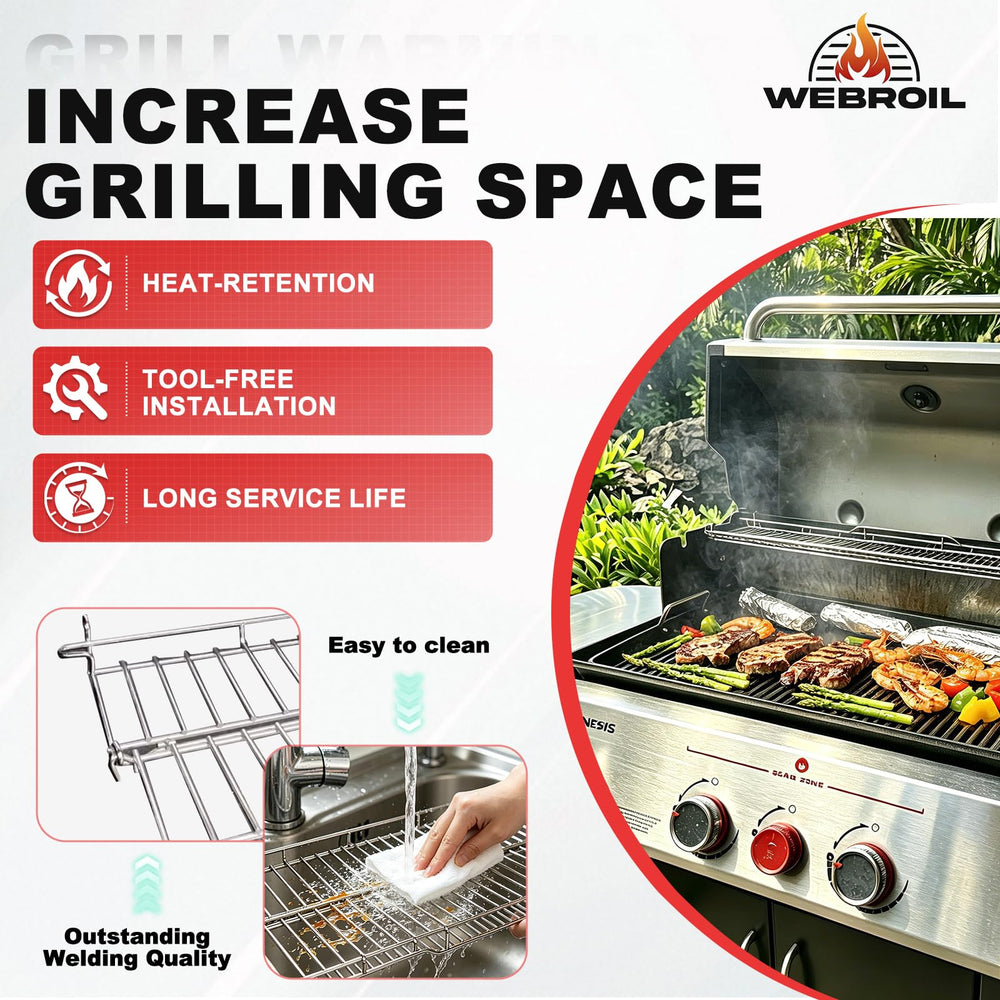 WEBROIL warming rack installed on a Genesis II grill restoring upper holding space