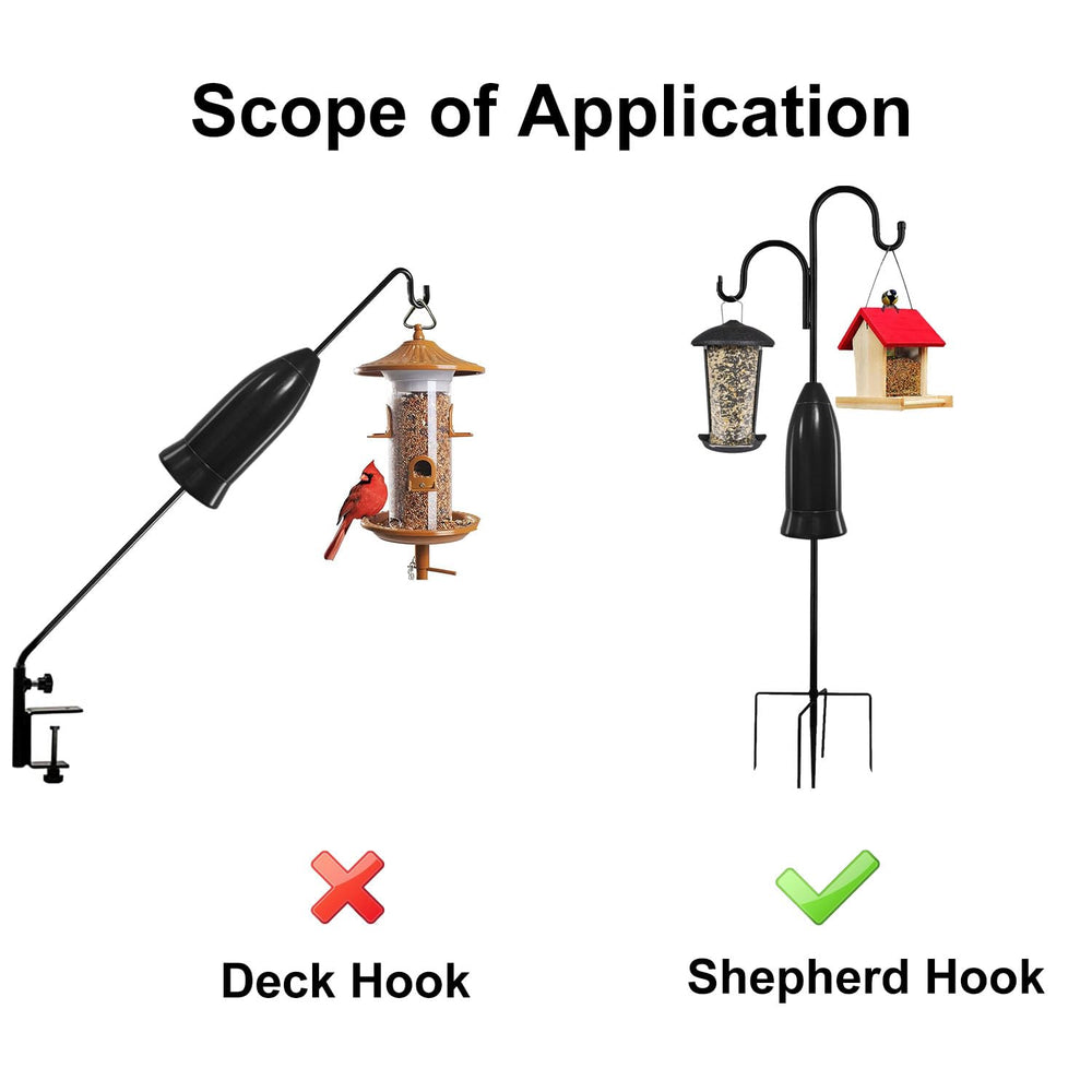 WeeFeetc installed on shepherd hook protecting feeder and reducing squirrel access