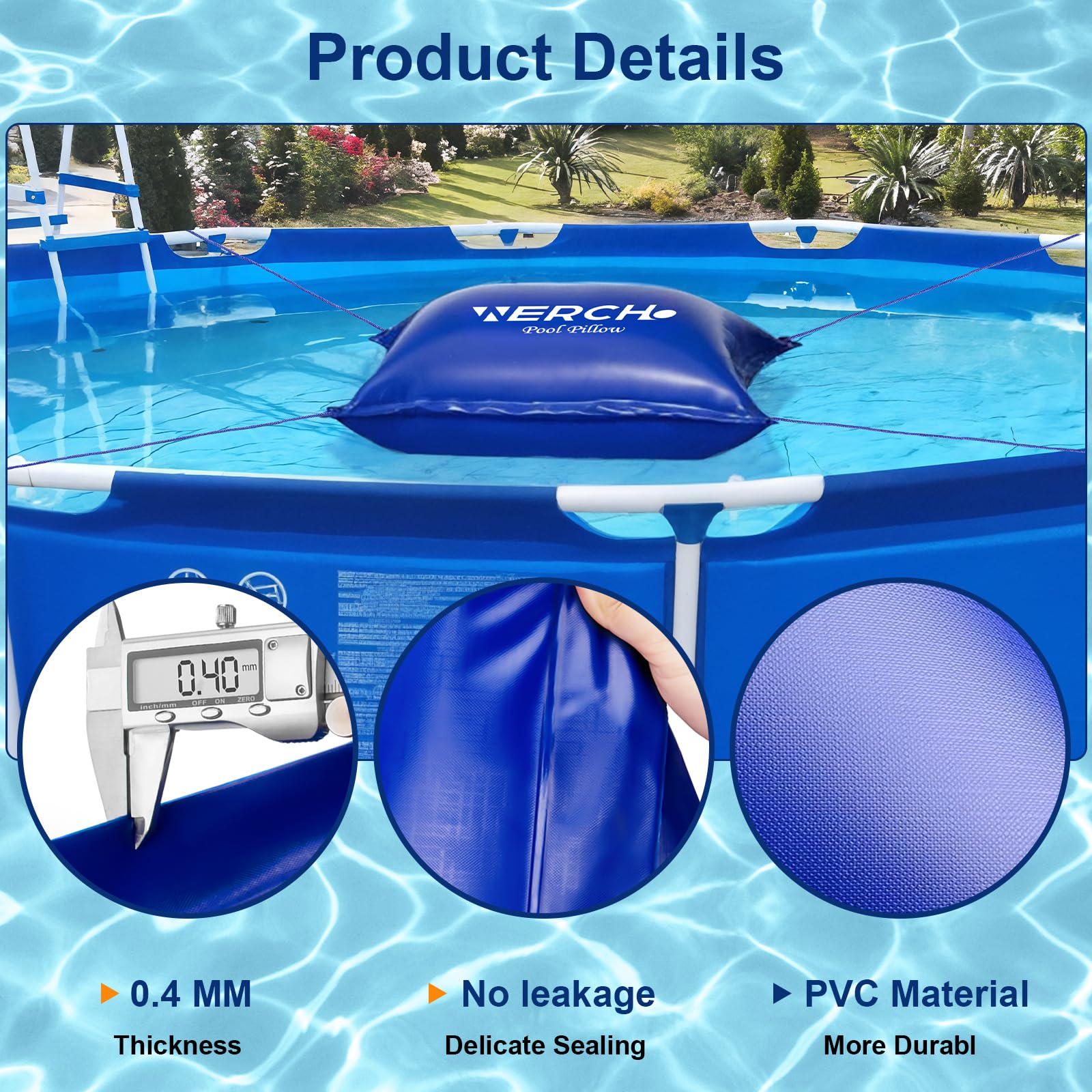 WERCHO top view of pillow installed in an above-ground pool directing meltwater