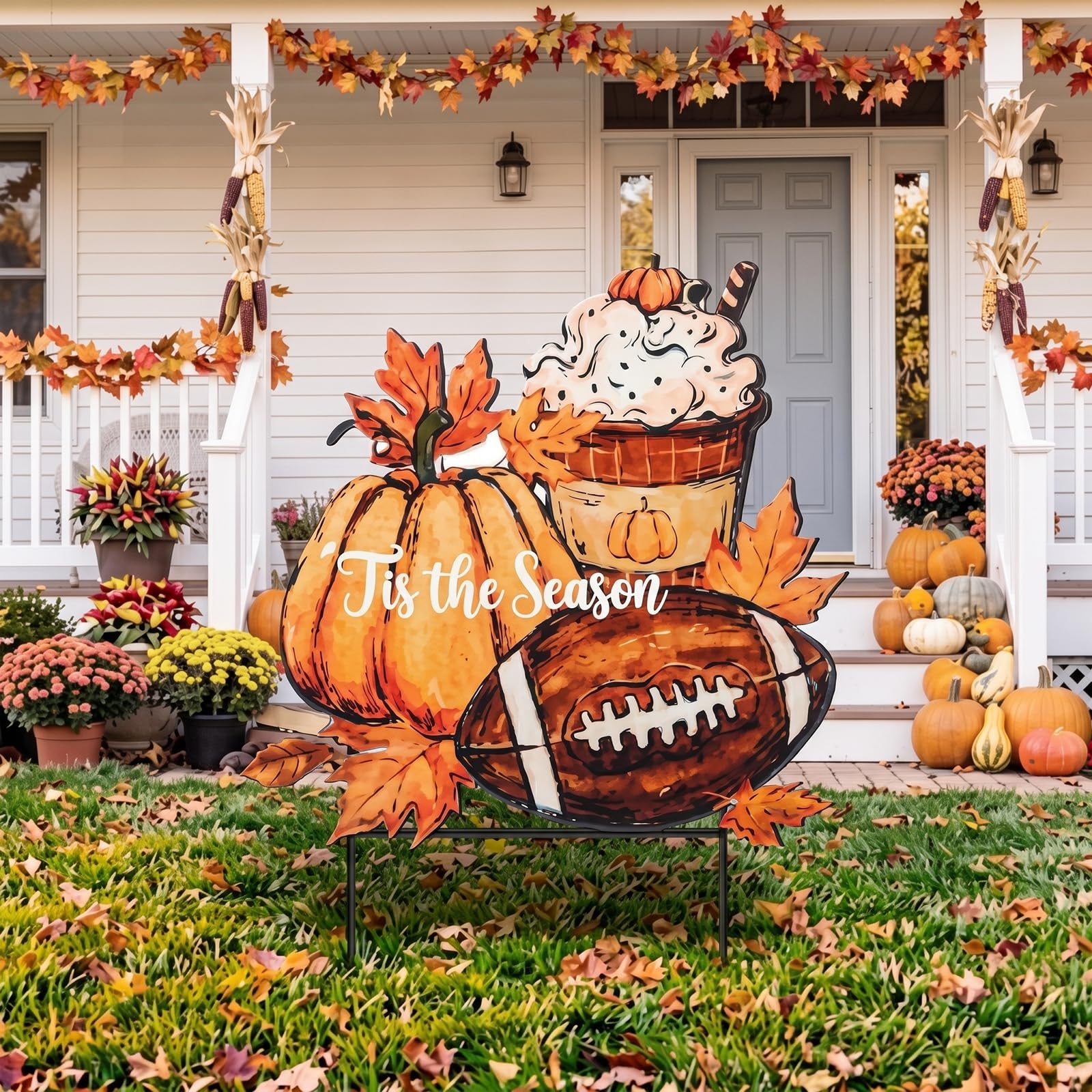 Weysat front view metal pumpkin sign showing colorful fall graphics and curb appeal