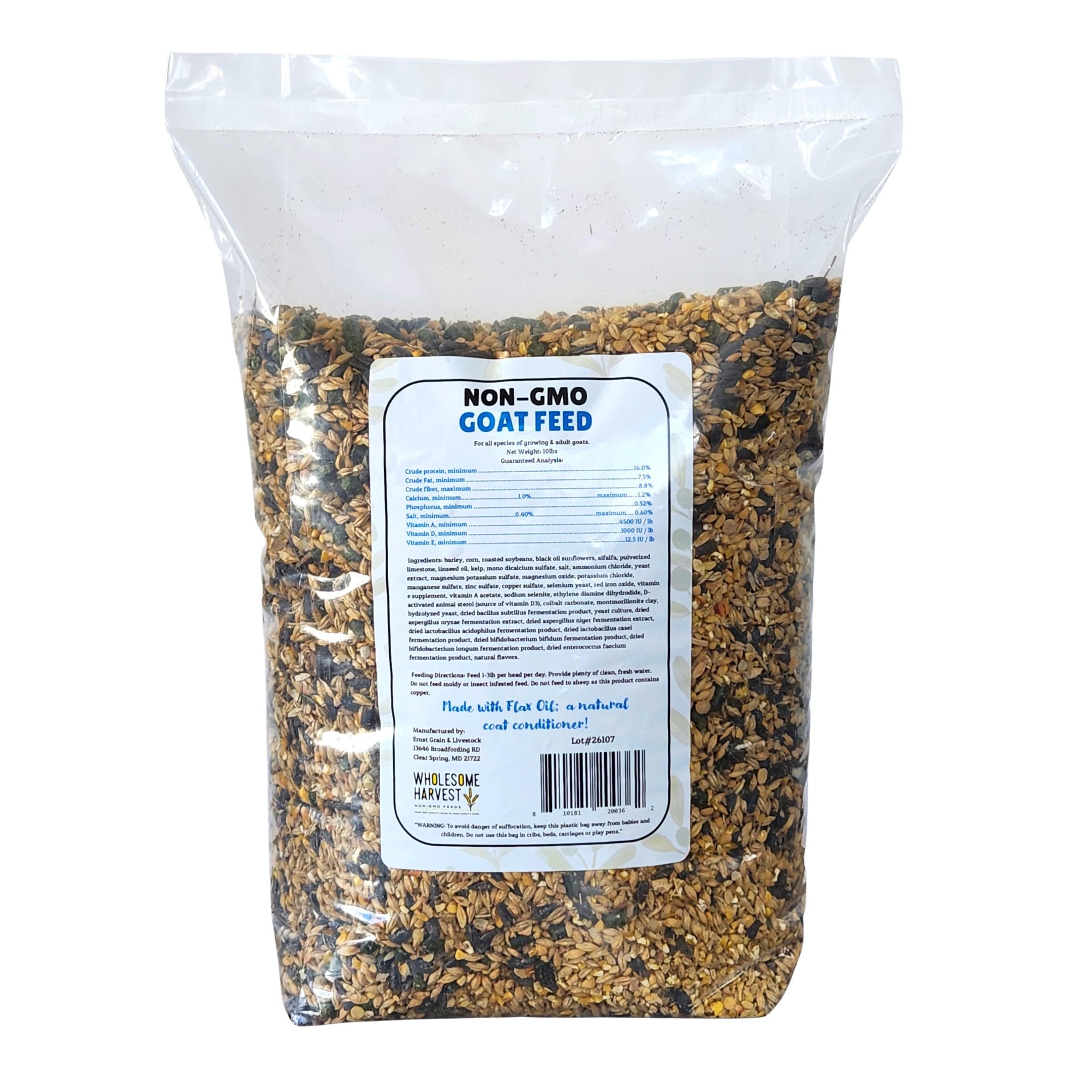 Wholesome Harvest bag label zoom highlighting fortified minerals and vitamins