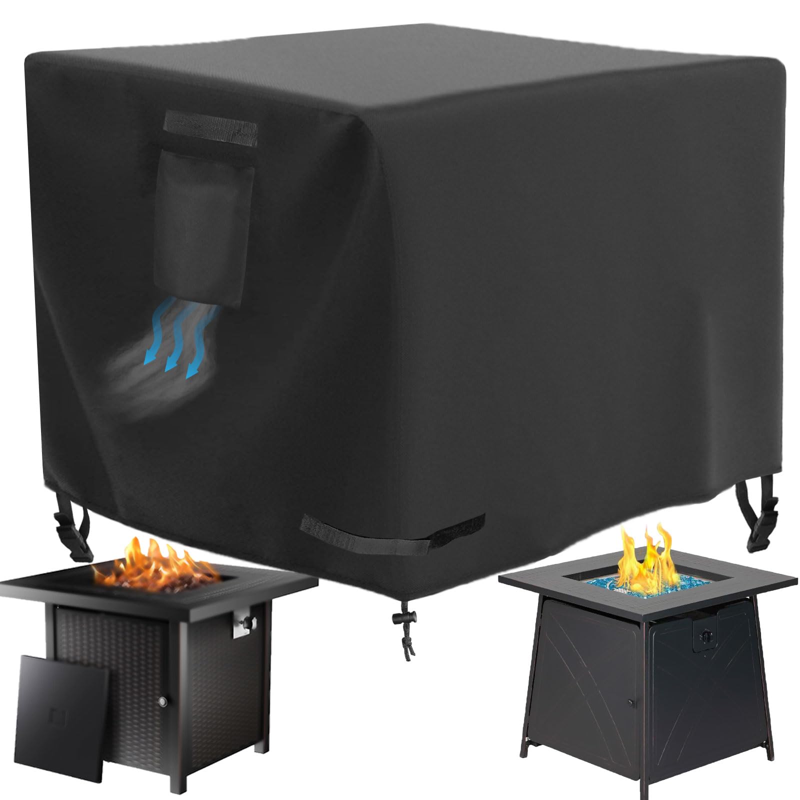WICKTICK front view cover protecting a square fire pit, shields from rain