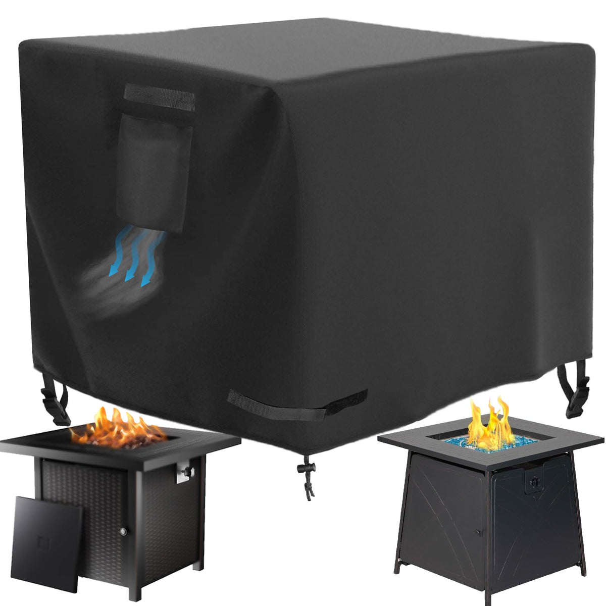 WICKTICK front view cover protecting a square fire pit, shields from rain
