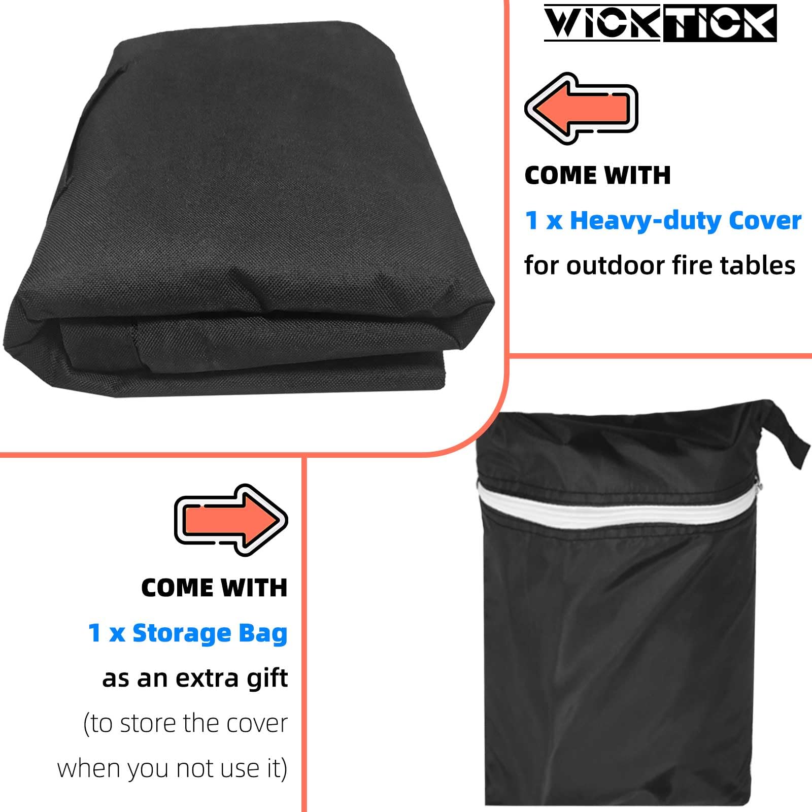 WICKTICK cover on backyard fire pit table, keeps furniture protected outdoors