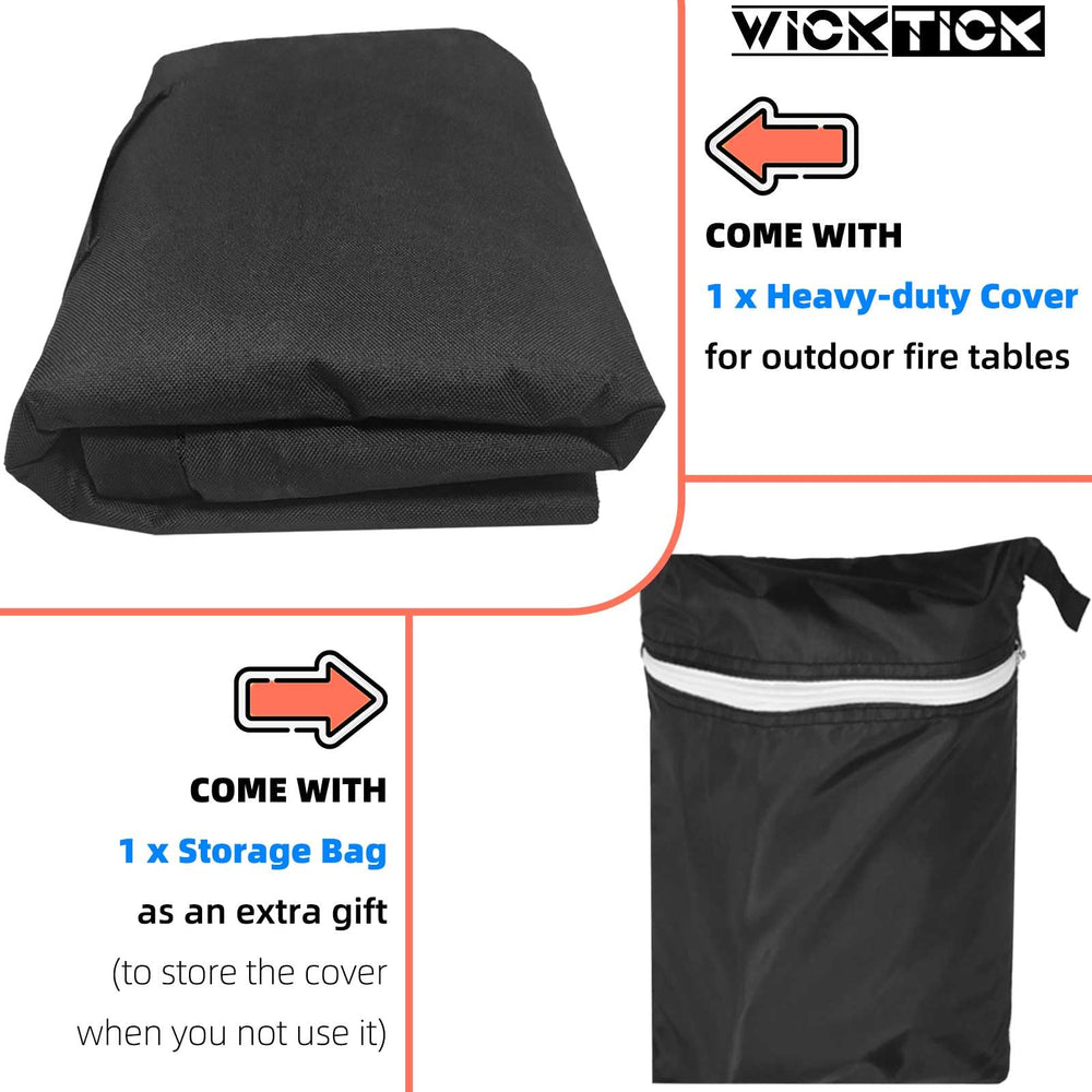 WICKTICK cover on backyard fire pit table, keeps furniture protected outdoors