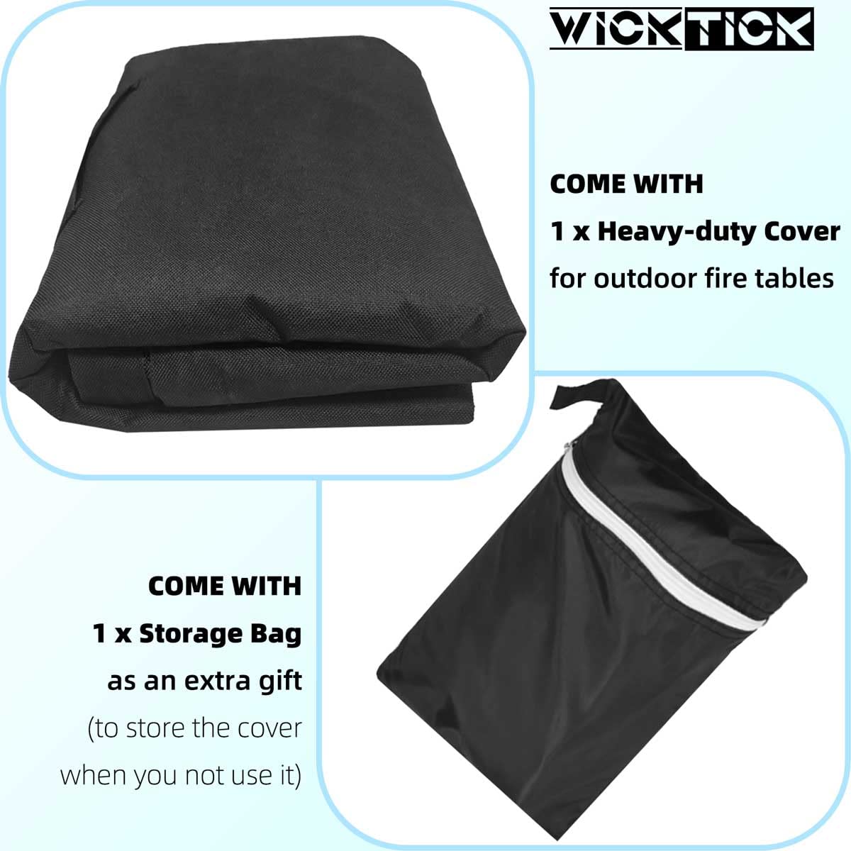 WICKTICK patio scene with covered fire pit table protecting outdoor furniture