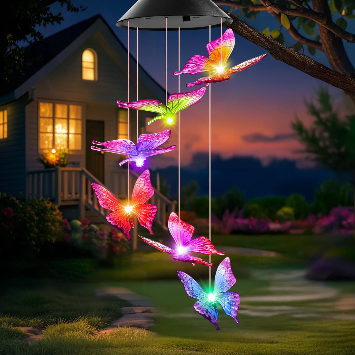 Winzwon front view of butterfly wind chime showing colorful design and charm