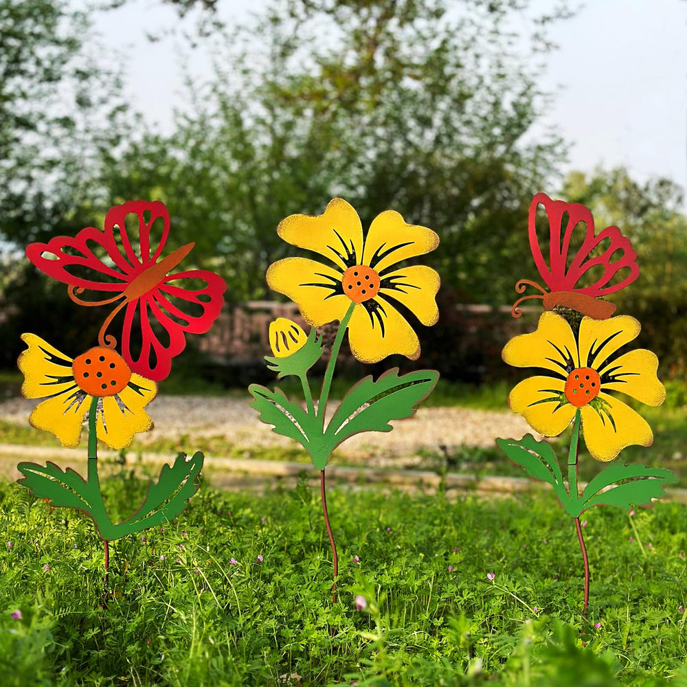 WKHOMEDECO front view of three 30-inch metal flowers adding instant color