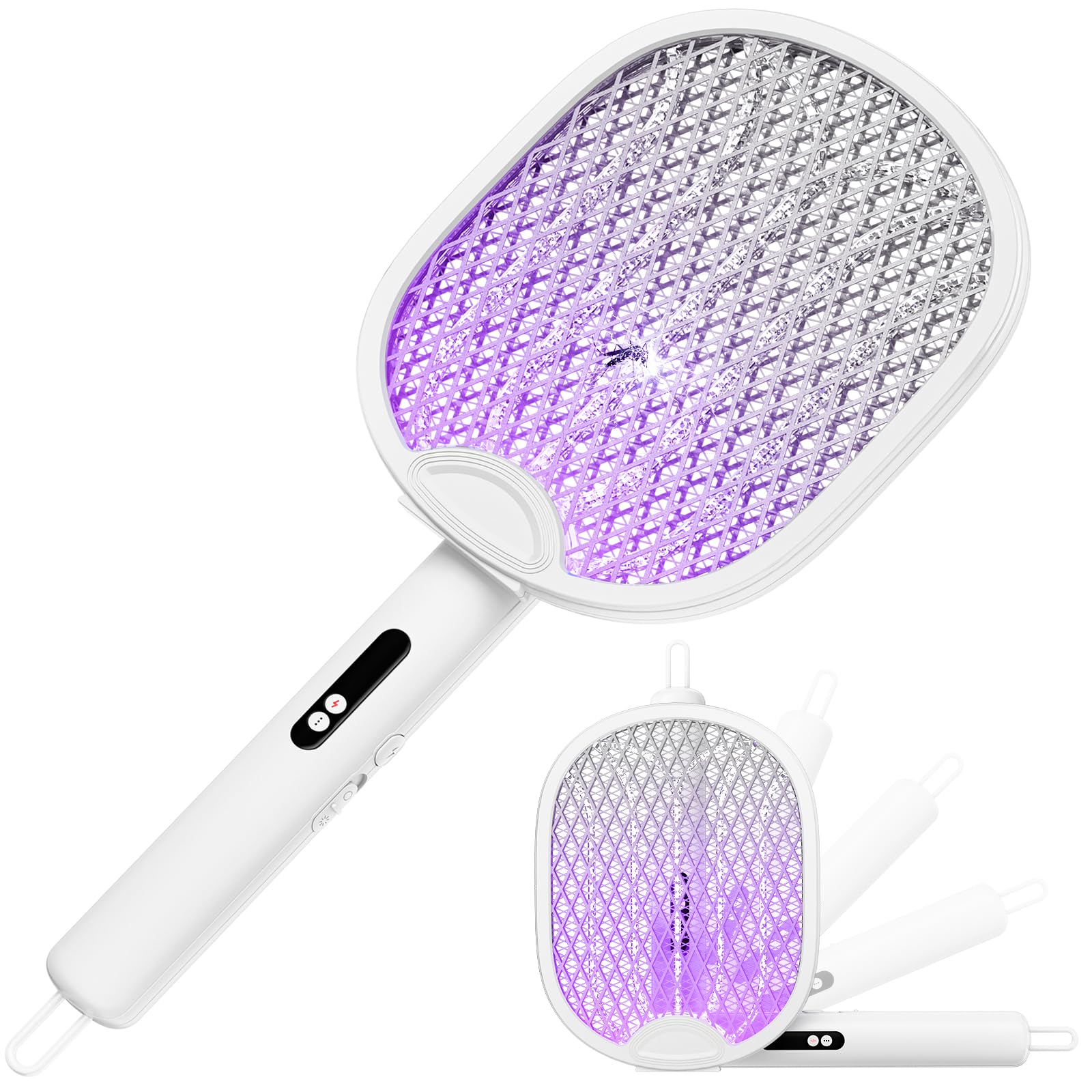 WOCVRYY front view of white racket showing full grid and handle, easy targeted zapping