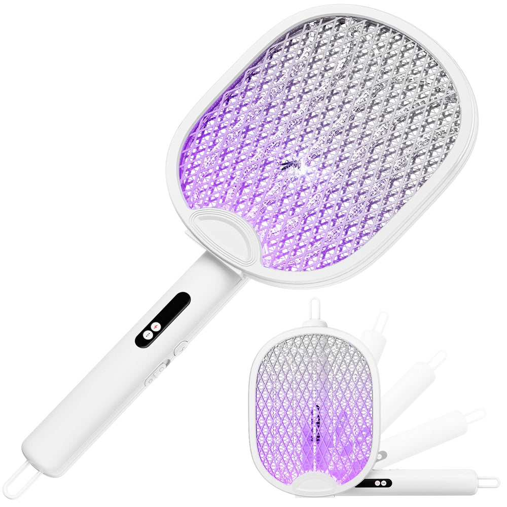 WOCVRYY front view of white racket showing full grid and handle, easy targeted zapping