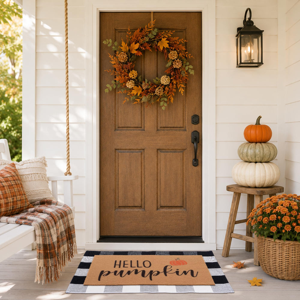 Woiqeuwr porch scene with mats creating inviting fall entry benefit