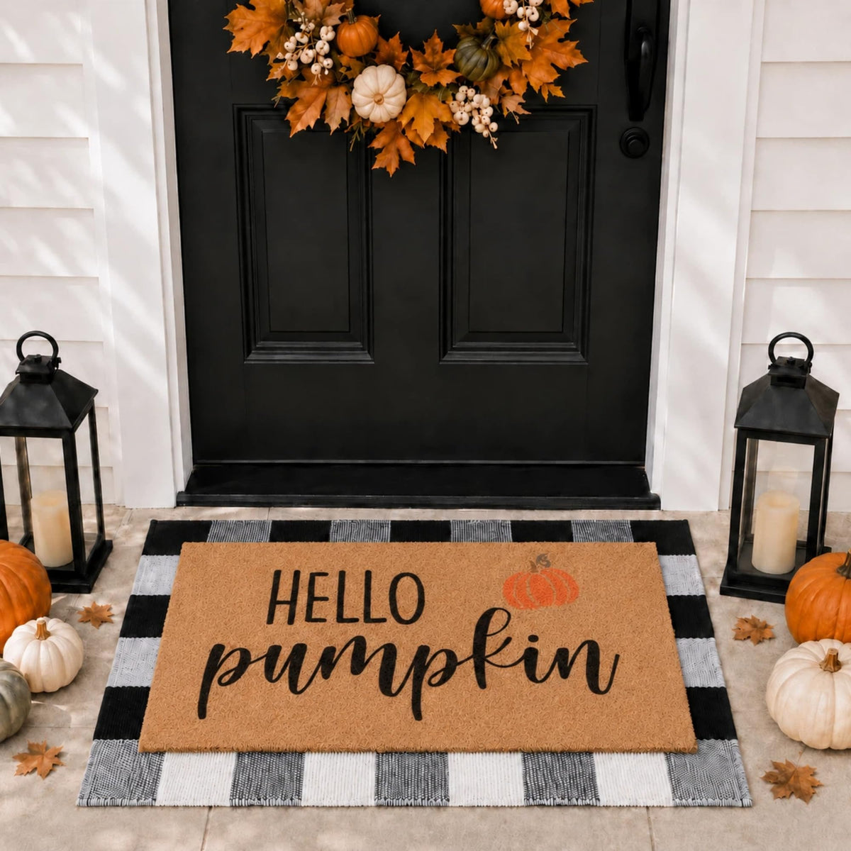 Woiqeuwr pumpkin front mat showing warm welcome and seasonal charm