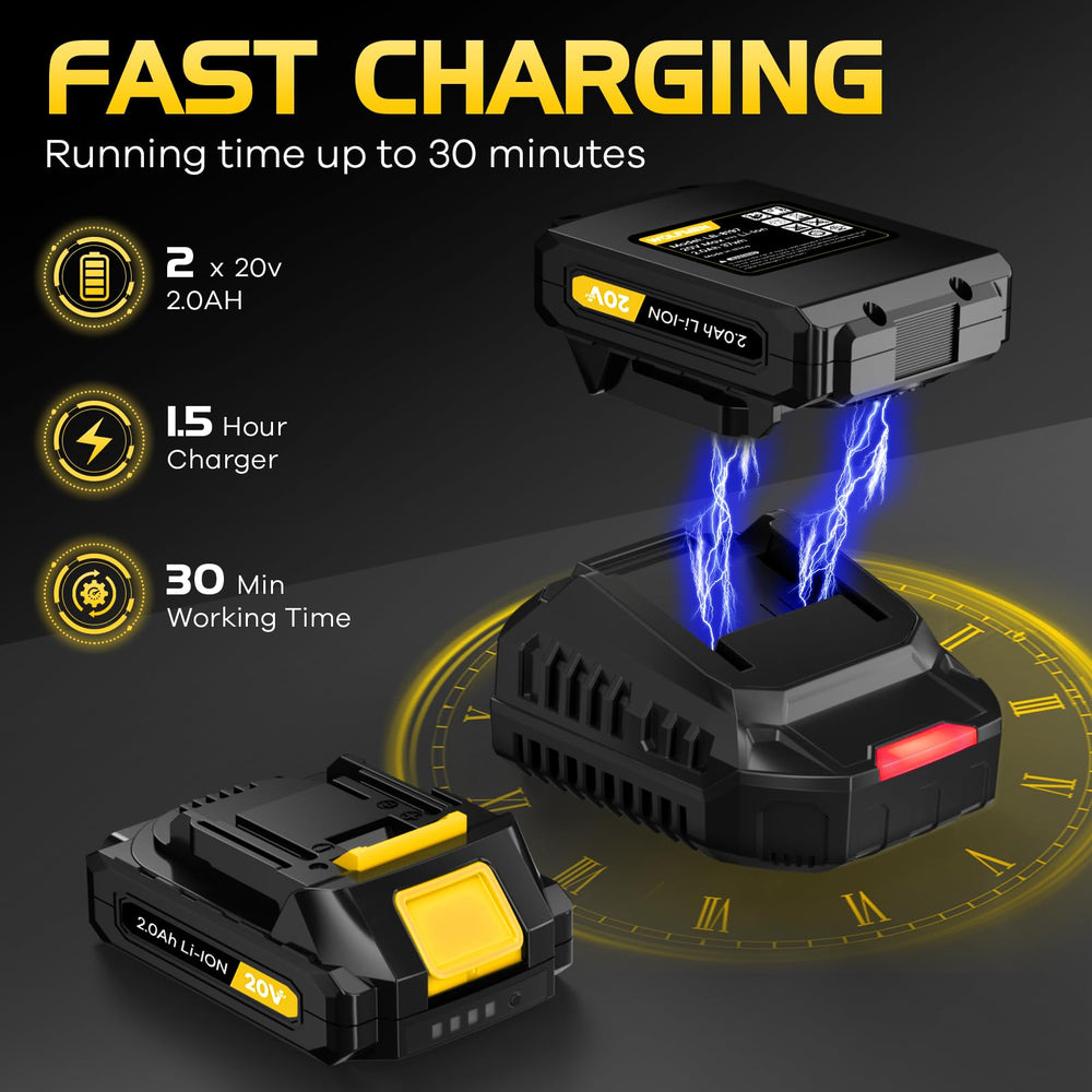 WOLFMEN two batteries and charger displayed for extended runtime and quick recharging