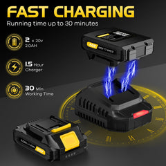 WOLFMEN two batteries and charger displayed for extended runtime and quick recharging