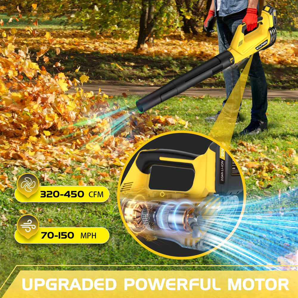 WOLFMEN blower in use cleaning patio illustrating fast removal of leaves and dust