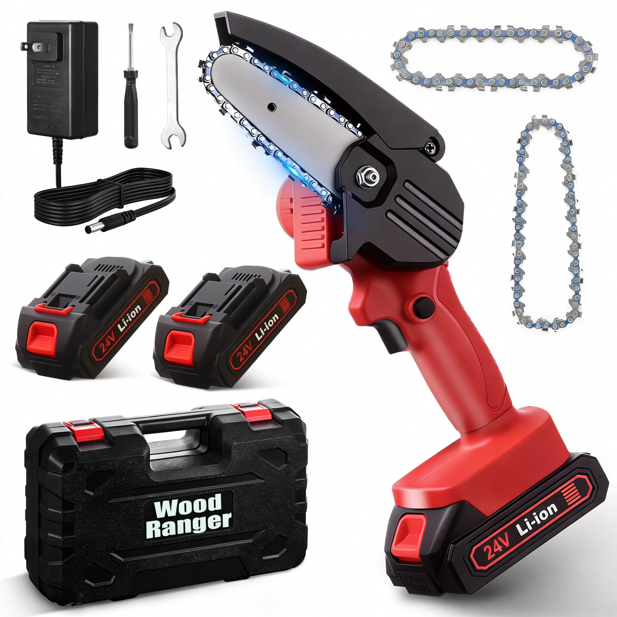 Wood Ranger front packaging showing compact chainsaw and included accessories