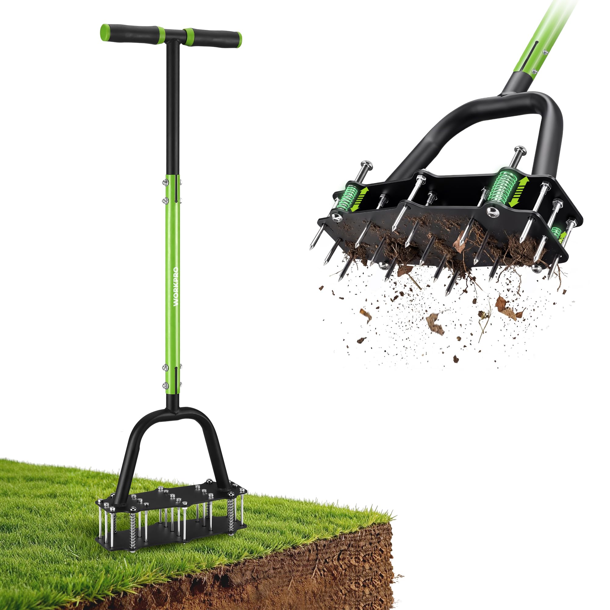 WORKPRO 38" aerator front view showing full tool and spikes for efficient aeration