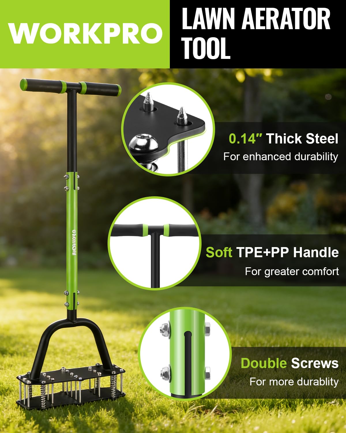WORKPRO aerator in use on lawn improving water and nutrient absorption