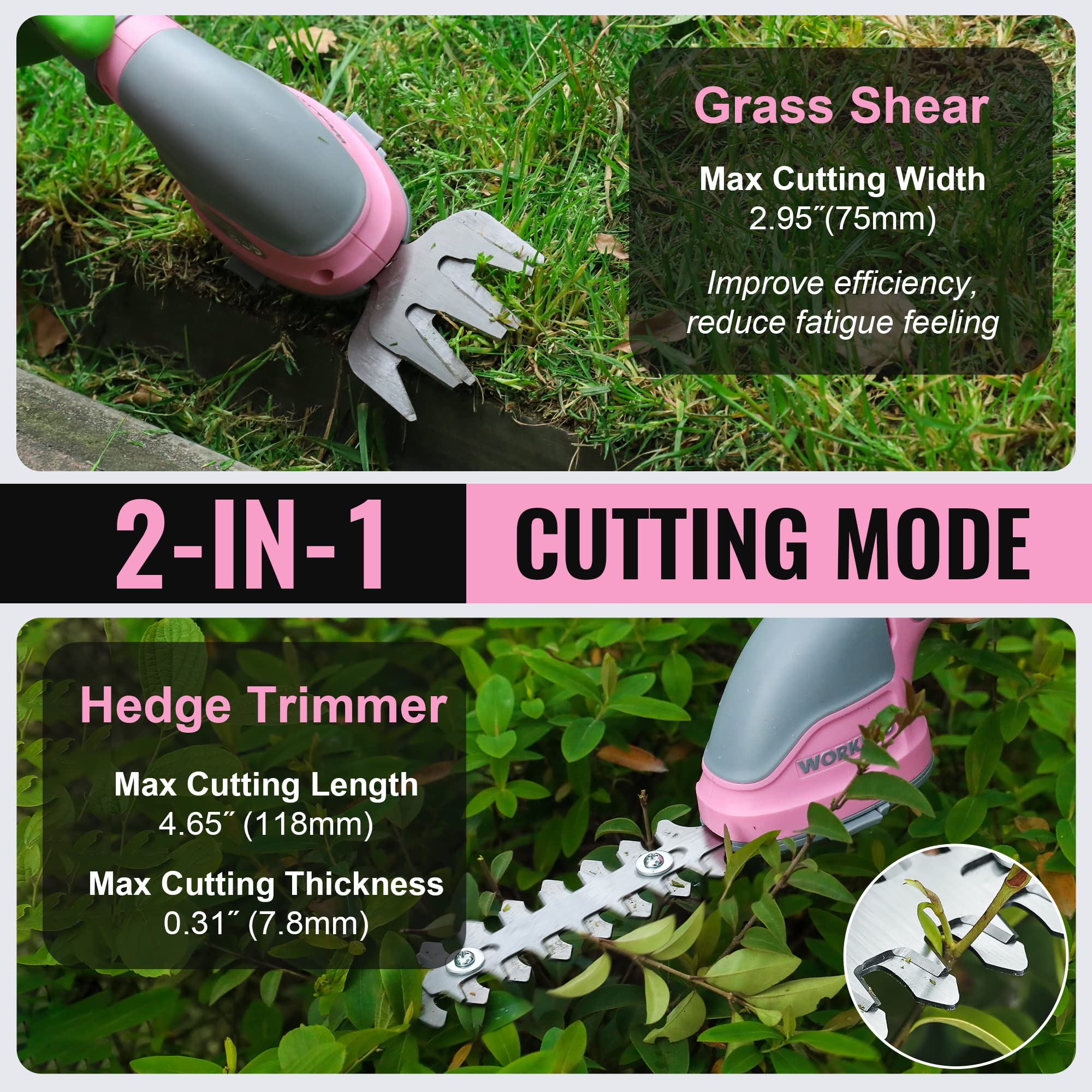WORKPRO blade close-up of shrub shear, displays sharp steel cutting edge