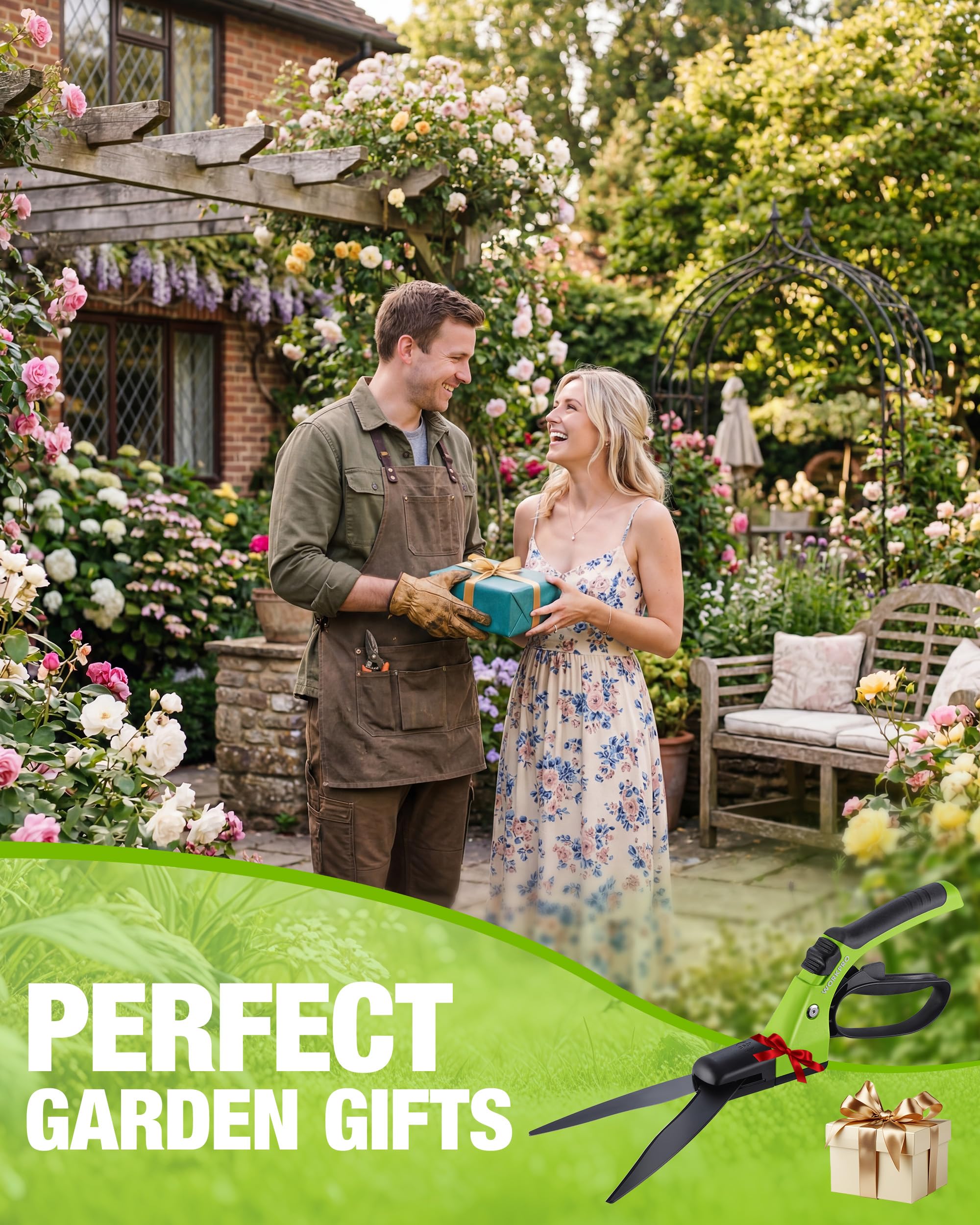 WORKPRO grass shears in garden scene showing controlled trimming benefit
