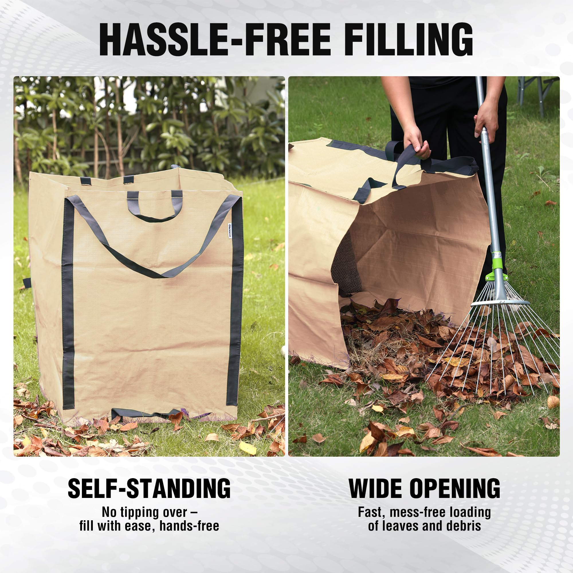 WORKPRO self-standing bag filled with leaves for easy hands-free filling
