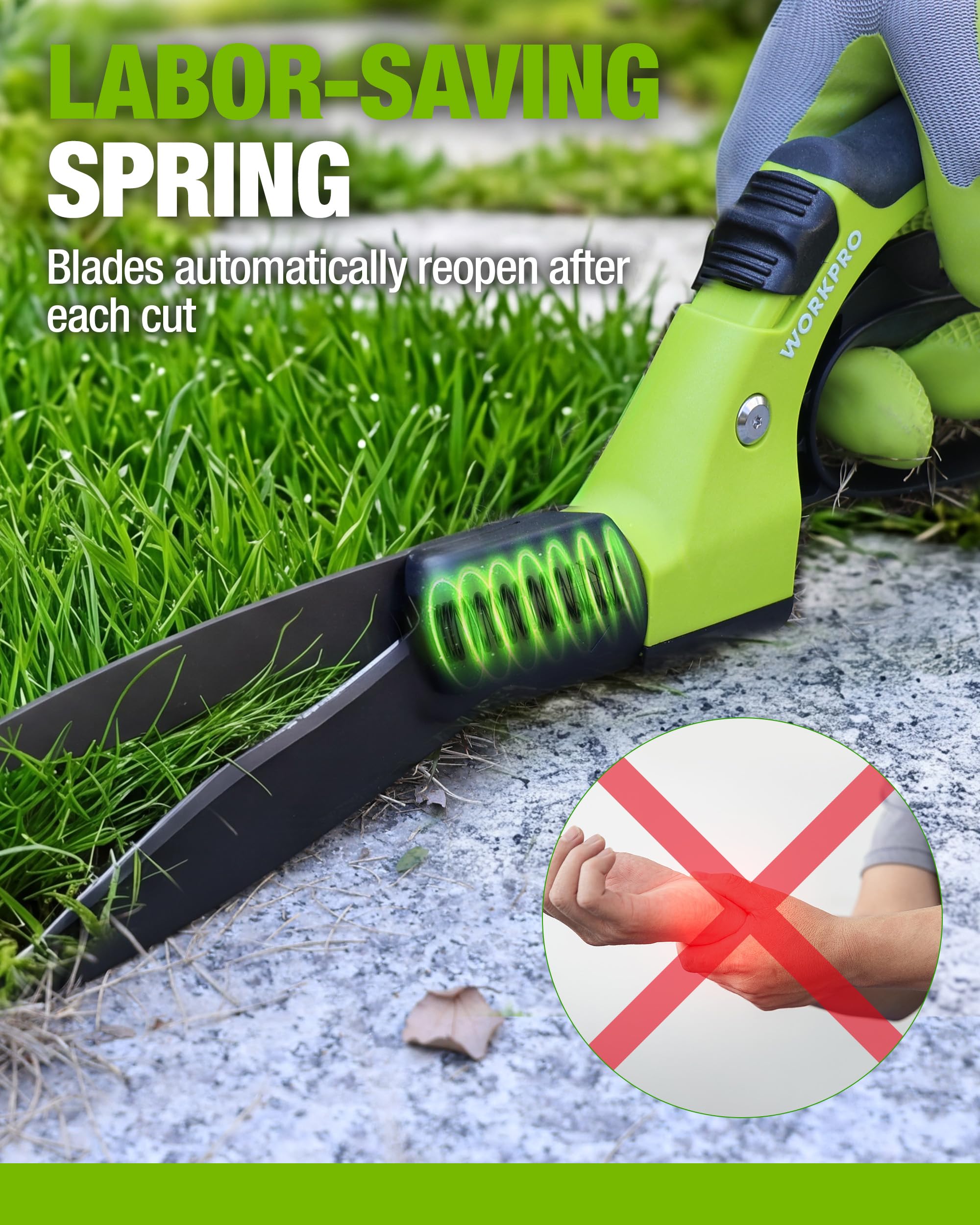 WORKPRO shears cutting lawn edge to show neat, clean results