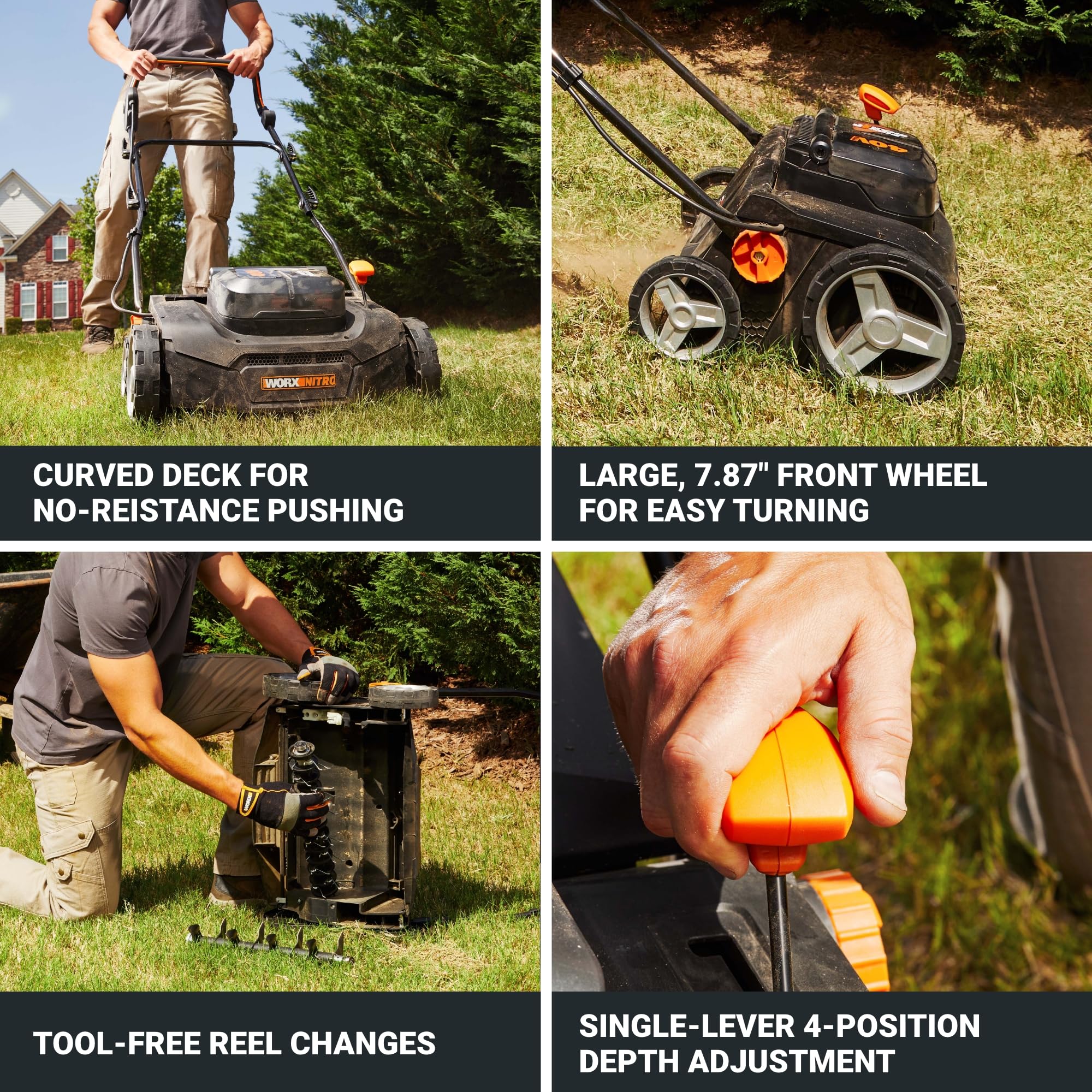 WORX dethatcher in use on lawn showing efficient thatch removal and cleaner turf