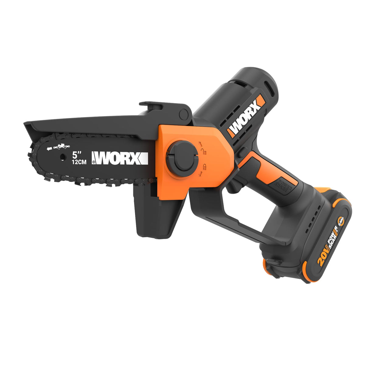 WORX WG326 front profile showing compact pruning saw for easy handling