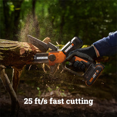 WORX WG326 close-up of chain illustrating fast 25 ft/s cutting performance