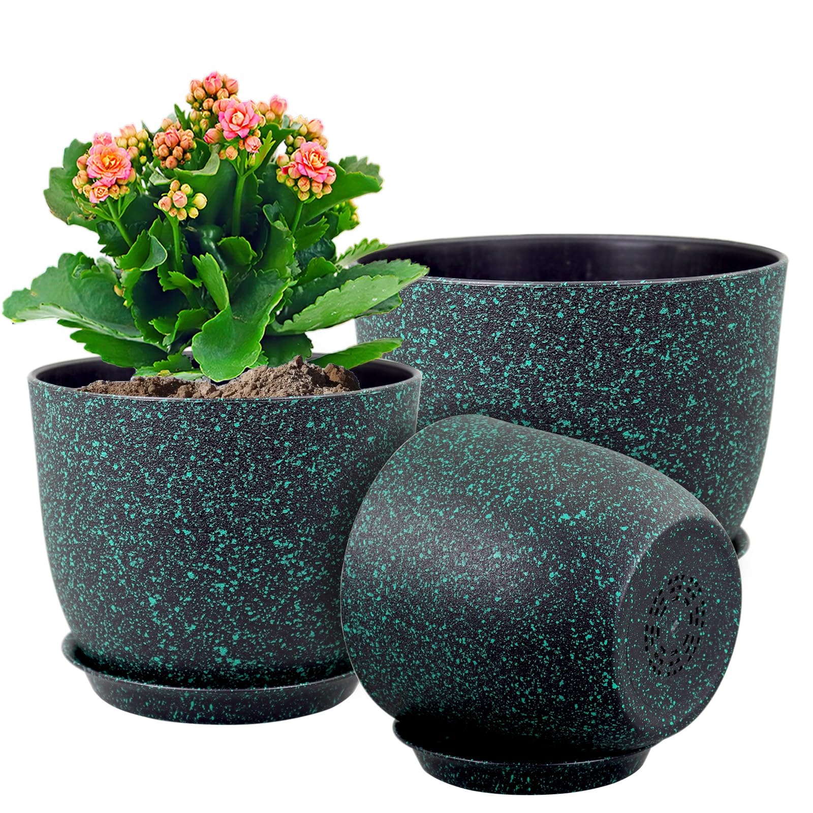 WSMKSZ front view of three pots showing modern black with green speckles, stylish display benefit
